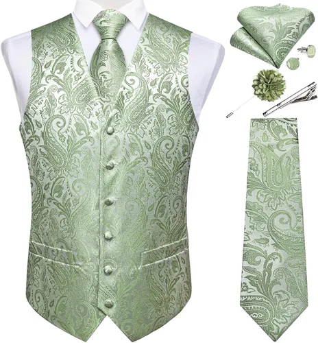 Vista 21 de DiBanGu Juego de chaleco y corbata para hombre, chaleco formal de cachemira y corbata con bolsillo cuadrado y gemelos, de seda, para traje o Verde