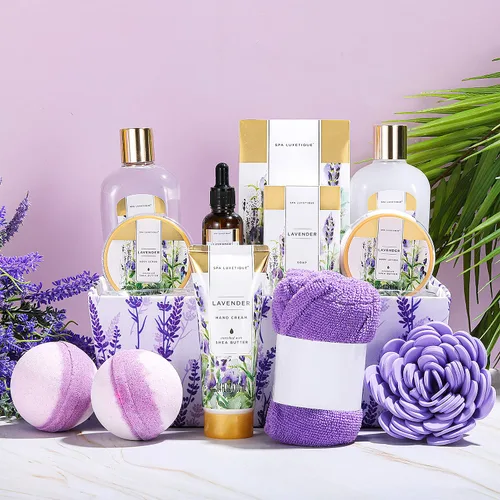 Vista 2 de Spa Luxetique Cestas de regalo para mujeres, regalos de spa de lavanda para mujeres, 12 piezas, regalos de cumpleaños para mujeres, juego de regalo
