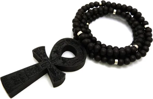 Vista 2 de Fashion 21 Colgante Egipto Key of Life Ankh de 0.315in, 36 pulgadas, collar de cuentas de madera en tono negro, marrón, Madera, N A