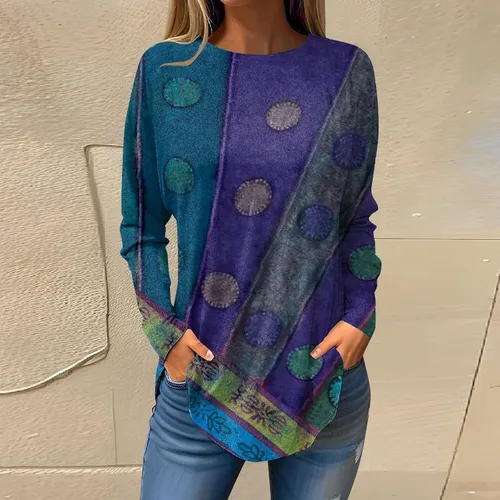 Vista 3 de JJHAEVDY Lindas camisetas para mujer, cuello redondo, estampadas, de manga larga, ligeras, para ocultar el vientre