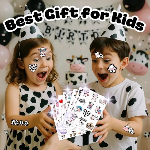 Vista 7 de 96 tatuajes temporales precortados de vaca para niños, suministros para fiestas de cumpleaños de animales de granja, decoraciones y recuerdos