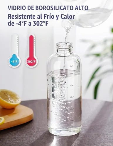 Vista 4 de NiHome - Botella de agua de vidrio de 25 onzas / 25.4 fl oz con pajitas de metal, 2 tapas, transparente High Borosilicate Glass Water Bottle with
