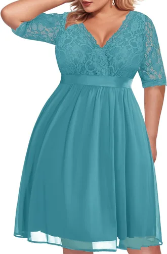 Vista 12 de Plus Size Wedding Guest Cocktail Midi Dress Lace Chiffon V Neck Wrap Negro