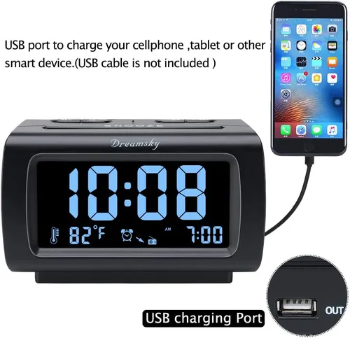 Vista 2 de DreamSky - Relojes despertadores de radio para dormitorios con respaldo de batería, números grandes y brillantes con regulador de intensidad, puerto