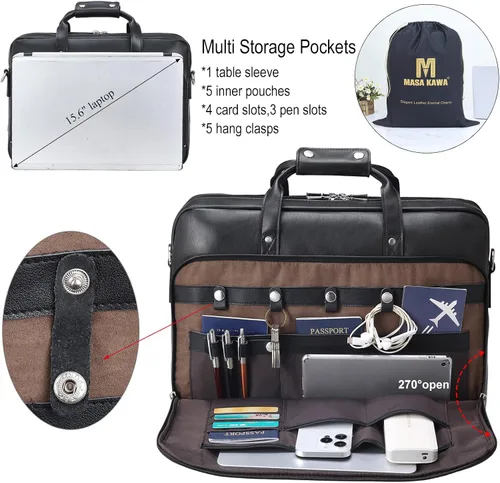 Vista 4 de Masa Kawa Maletín de cuero para hombre de 17/15.6" con bandolera para laptop, bolsa de hombro con mensajero para negocios, viaje, trabajo, estuche