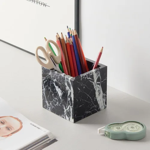 Vista 6 de Portacepillos de mármol natural lujoso real y organizador de brochas de maquillaje y soporte para bolígrafos para escritorio, portautensilios