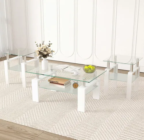 Vista 10 de Juego de 2 mesas auxiliares de cristal, mesa auxiliar pequeña de 2 niveles con parte superior de vidrio templado y patas de metal, mesa de esquina