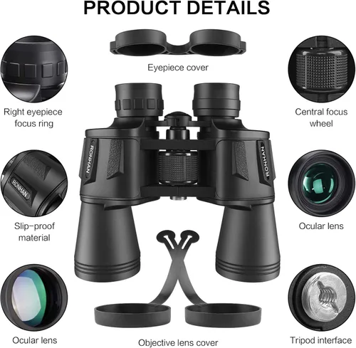 Vista 6 de RONHAN Prismáticos para adultos de alta potencia, militares HD profesionales/diarios, impermeables, 20x50, para observación de aves, viajes, caza