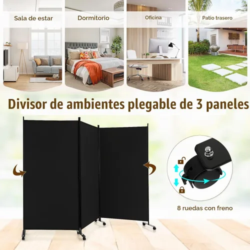 Vista 3 de GOFLAME Divisor de habitación plegable de 3 paneles, pantalla de privacidad enrollable de 6 pies con ruedas bloqueables, pantalla de partición