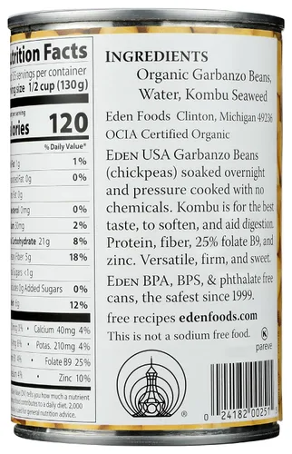 Vista 4 de Eden Garbanzos orgánicos, lata de 15 onzas, sin sal, sin OMG, sin gluten, veganos, kosher, cultivados en Estados Unidos, para calentar y servir