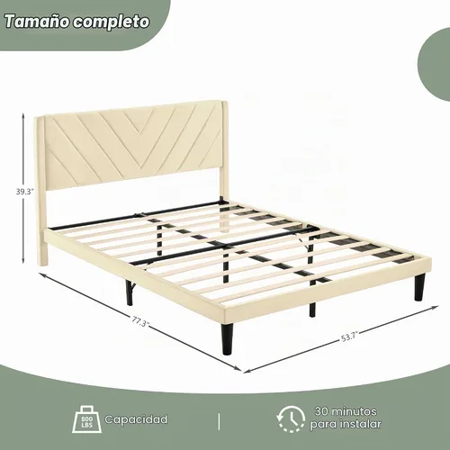 Vista 2 de Base de cama de plataforma de tamaño matrimonial con cabecera de terciopelo, borde de ala, listones de madera resistentes, sin ruido, no necesita