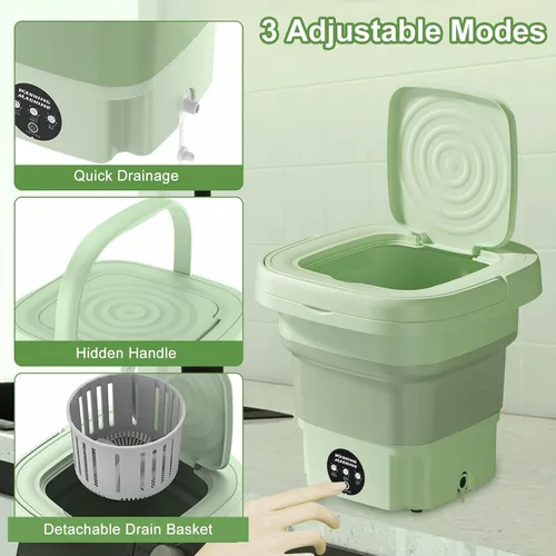 Vista 4 de Lavadora portátil, mini lavadora plegable de 8 litros con cesta de drenaje desmontable, 3 modos de limpieza profunda, lavadora y secadora combinada