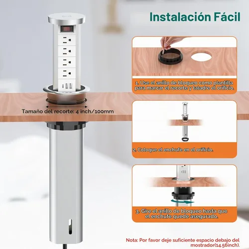 Vista 7 de Toma de corriente desplegable para encimera con PD de 20 W USB-C, toma de escritorio empotrada con cargador inalámbrico de 10 W, 4 salidas de CA, 3
