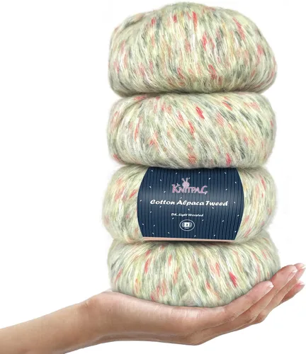 Vista 14 de Hilo de alpaca Tweed de algodón para ganchillo, paquete de 4 (588 yardas/7.05 oz), patrones libres, hilo de tweed para tejer, peso de peinado ligero
