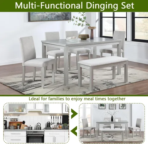 Vista 3 de LUMISOL - Juego de mesa de comedor de madera maciza con 4 sillas tapizadas y banco para cocina, comedor, sala de estar, gris plateado