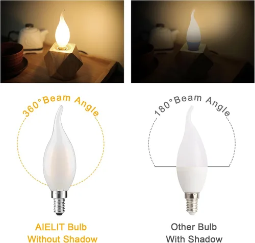 Vista 5 de Bombilla LED E12 esmerilada, 2 vatios (equivalente a 25 W), suave y cálida de 2700 K, bombillas LED con punta de llama CA10 regulables para Ca10