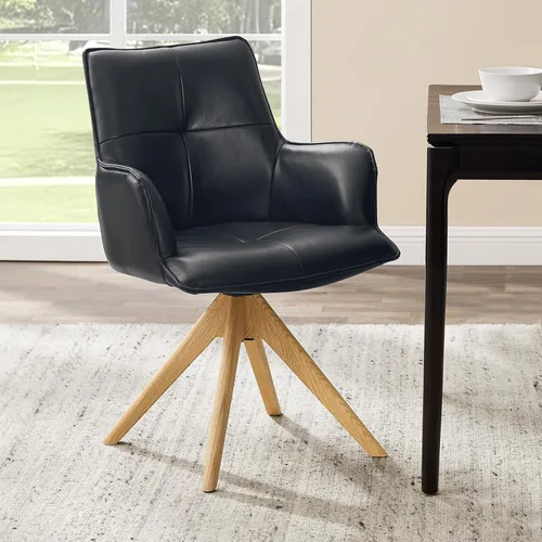 Vista 17 de Zouron Silla de escritorio giratoria sin ruedas, silla de oficina tapizada con patas de madera de roble, sillón moderno para espacios pequeños