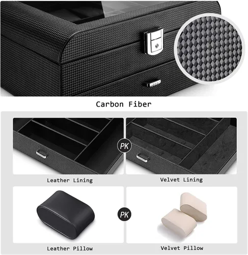 Vista 6 de Homde Caja de reloj con diseño de arco de fibra de carbono, organizador de joyas de lujo con cajón, parte superior de cristal y cerradura