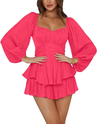 Vista 35 de LYANER Mono de Mujer de Manga Farol Larga con Volantes en Capas y Lazo Mini Corto Romper