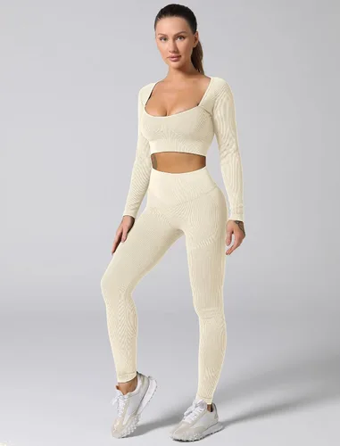 Vista 4 de ABOCIW Conjuntos de entrenamiento para mujer, sin costuras, acanalado, cuello corazón, manga larga, parte superior fruncida en los glúteos