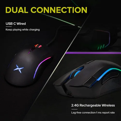 Vista 4 de DeLUX Mouse ergonómico inalámbrico para juegos con Pixart 335 16000 DPI, receptor USB 2.4G, 7 botones programables e interruptor rojo Kailh, ratones