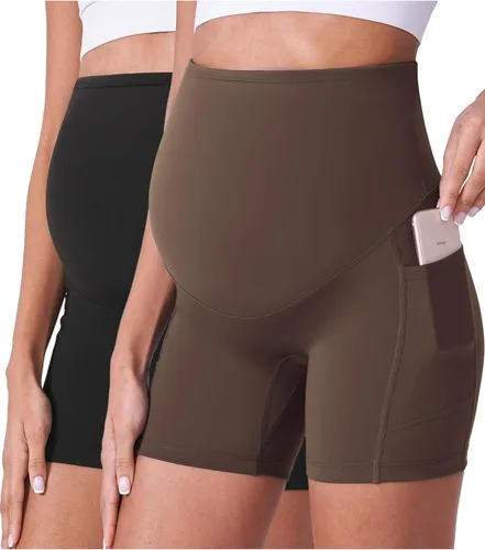 Vista 14 de POSHDIVAH Pantalones cortos de maternidad para mujer de 5 pulgadas 2 piezas negro