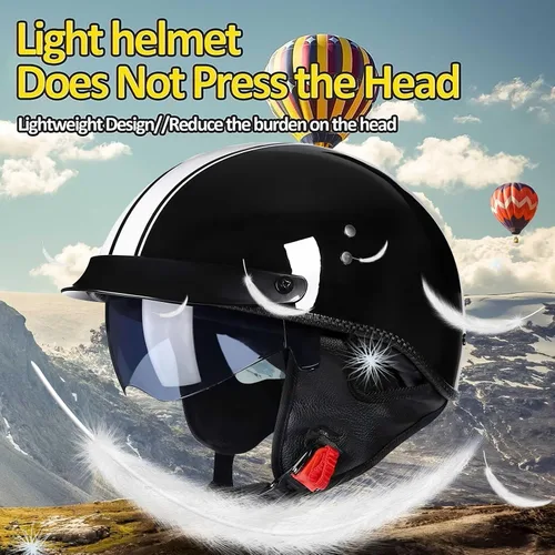 Vista 3 de Casco Moto Retro Vintage Jet Medio para Hombre y Mujer Adultos, DOT Homologado, Ventilación Dual, Visera Retráctil y Desmontable, Apto para Patinete