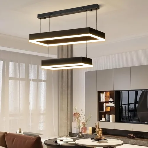Vista 7 de Candelabros modernos para sala de estar, 2 anillos rectángulos, lámpara colgante de isla de cocina, lámpara LED regulable para comedor y dormitorio