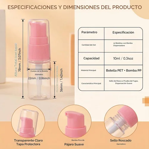 Vista 4 de Botella de bomba de loción de plástico transparente recargable portátil de 0.3 fl oz 0.34 oz con cabezal de bomba de prensa rosa, maquillaje