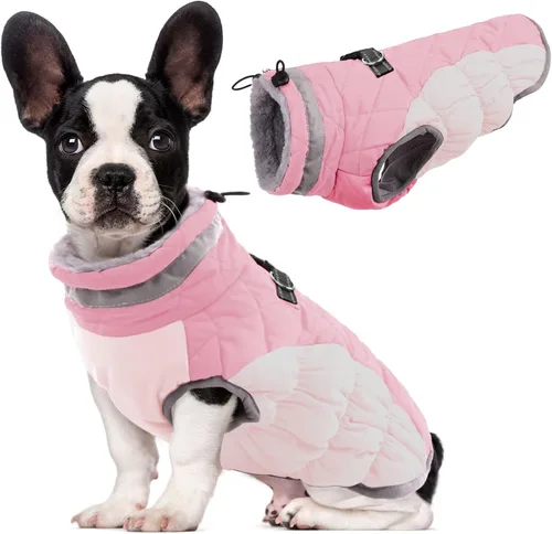 Vista 68 de Lelepet Abrigo cálido para perro, abrigo de invierno para perro, chaqueta impermeable para perros con arnés integrado reflectante de forro polar