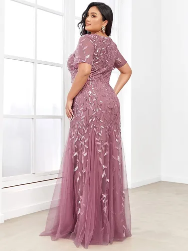 Vista 2 de Ever-Pretty Vestido de noche maxi de sirena bordado de manga corta con lentejuelas de talla grande para mujer 07707-PZUSA
