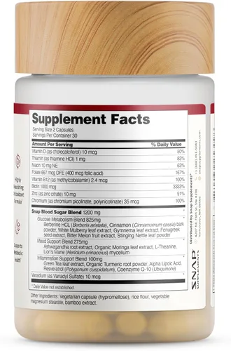 Vista 10 de Snap Supplements Mezcla de azúcar en sangre con berberina, CoQ10, canela, ácido alfa lipoico y Gymnema para apoyar el azúcar en sangre ya saludable