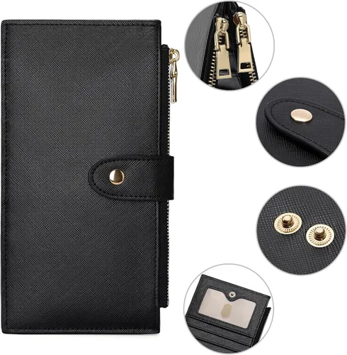 Vista 4 de GOIACII - Carteras delgadas para mujer con bloqueo RFID, tarjetero con 2 bolsillos con cremallera, monedero fino para mujer, negro (A01 Black)