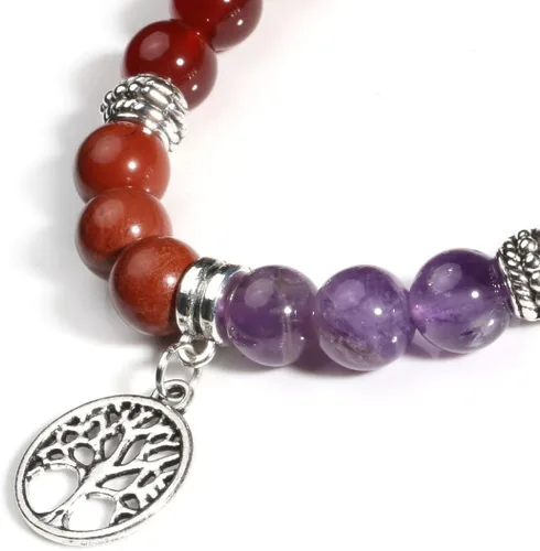 Vista 5 de Eigso Pulsera elástica de piedra de cristal de meditación curativa de 7 chakras para mujer con símbolo de loto, yoga, árbol, OM