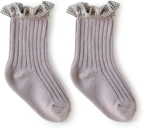 Vista 4 de TIBE PINCESS Calcetines de tobillo vintage con volantes para bebés y niñas, calcetines de encaje acanalados a cuadros para vestir