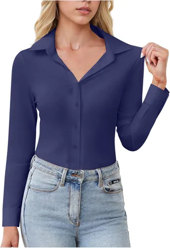 Vista 10 de Womens Stretch Button Down Shirts Slim Fit Long Sleeve Dress Shirt Wrinkle Free Collared Business Work Casual Blouse