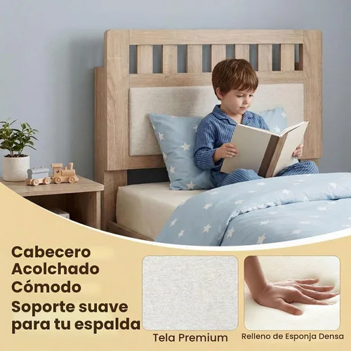 Vista 5 de KOMFOTT Base de cama individual de madera con cabecera tapizada, plataforma moderna de mediados de siglo con espacio debajo de la cama, base