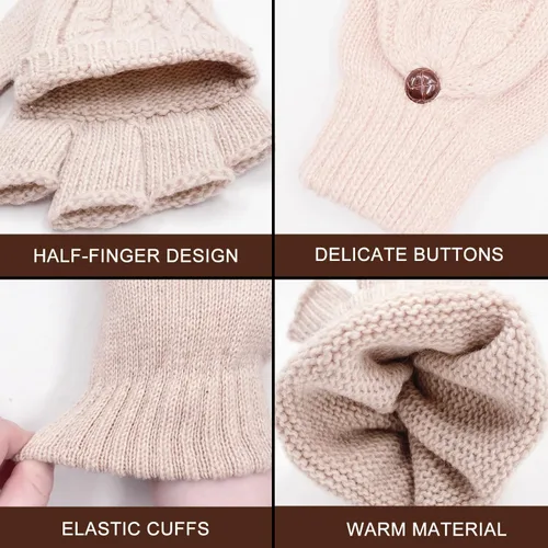 Vista 64 de Beurlike Guantes de invierno para mujer, de lana cálida, a prueba de viento, convertibles, sin dedos
