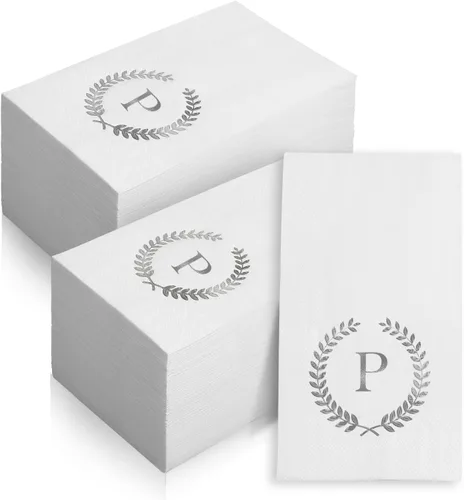 Vista 18 de Paquete de 200 servilletas desechables con monograma de papel de aluminio plateado con letra M, servilletas de mano desechables con inicial
