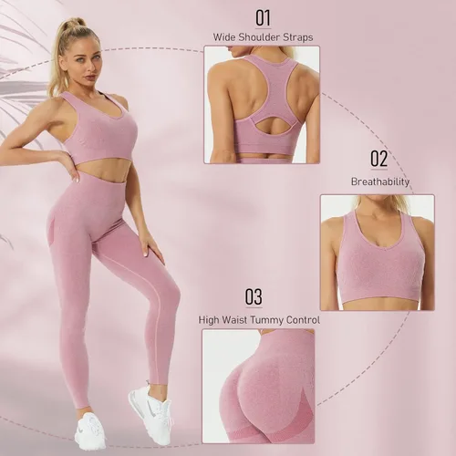 Vista 4 de JOJOANS Conjunto de entrenamiento de 2 piezas sin costuras para yoga leggings de cintura alta con brasier deportivo conjuntos de ropa de gimnasio