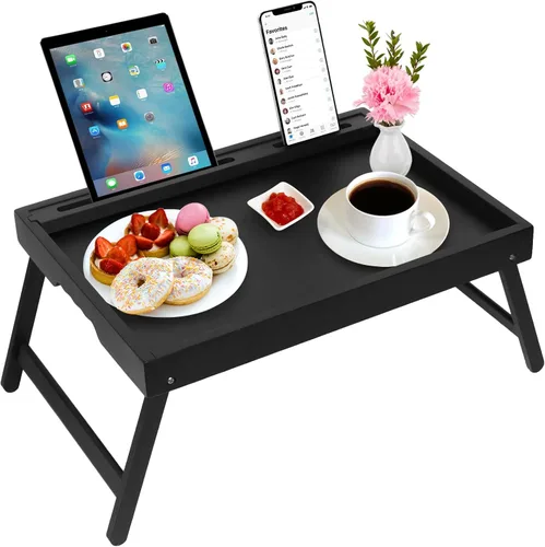 Vista 14 de Artmeer Bandeja de cama con patas plegables, bandeja de bambú para desayuno con ranura multimedia, uso como plato, escritorio para laptop