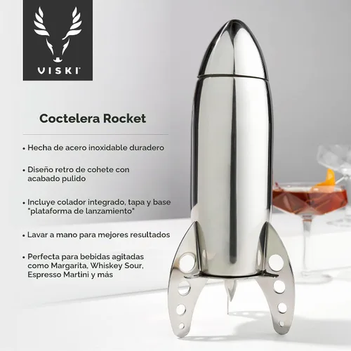 Vista 2 de Coctelera cohete de acero inoxidable Irving de Viski – coctelera con colador (24 onzas). Capacidad