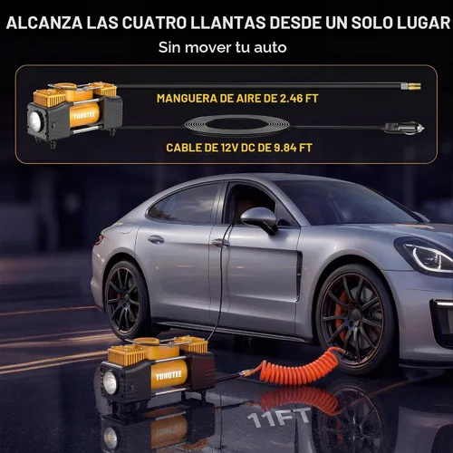 Vista 3 de YUNGTEE Inflador de neumáticos portátil, compresor de aire de doble cilindro de 12 V 150 PSI Luz de emergencia LED, manguera de extensión de 11