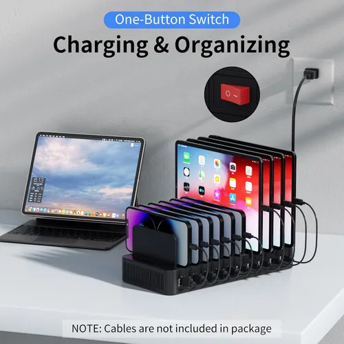 Vista 7 de Estación de carga de 60 W para múltiples dispositivos, estación de carga rápida USB de 10 puertos con divisores ajustables, base de carga