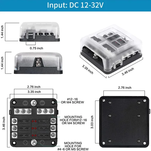 Vista 2 de Bloque de fusibles de 6 vías, fusible de cuchilla de 12V, 6 circuitos ATC/ATO, soporte para caja de fusibles impermeable con indicador LED, cubierta