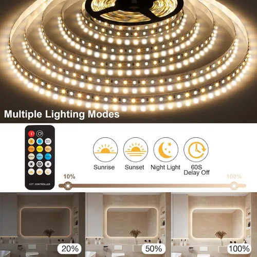 Vista 3 de Tira de luces LED, regulables de 16.4 pies, tiras de luz LED de 2700K-6500K con luz brillante remota, 600 luces LED flexibles con adhesivo fuerte
