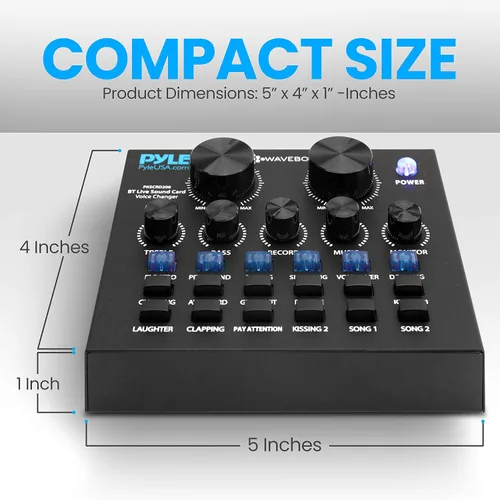 Vista 2 de Pyle Mini mezclador de podcast de audio Bluetooth - Transmisión en vivo para computadora de PC, iPhone, cambiador de voz, tarjeta de sonido V8