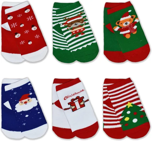Vista 2 de SPTRAMLE Calcetines de Navidad para niños recién nacidos para niñas y niños 0-9 años 6 pares de calcetines navideños para bebés