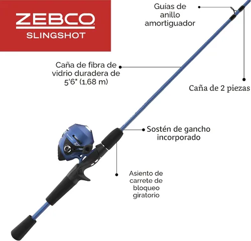 Vista 2 de Zebco Slingshot Spincast carrete y caña de pescar, caña de pescar de 2 piezas, recuperación a mano derecha, pre-recolectado con línea Zebco de 10