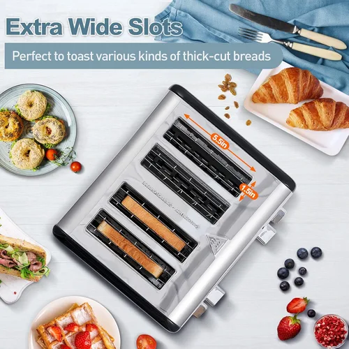 Vista 4 de CUSIMAX Tostadora de 4 rebanadas, pantalla LED ultra clara y ranuras extra anchas, tostadora de acero inoxidable con paneles de control dobles de 6